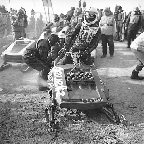 Gilles mounts his 650 single-track Alloutte, ready to win the 1974 Eagle River title.